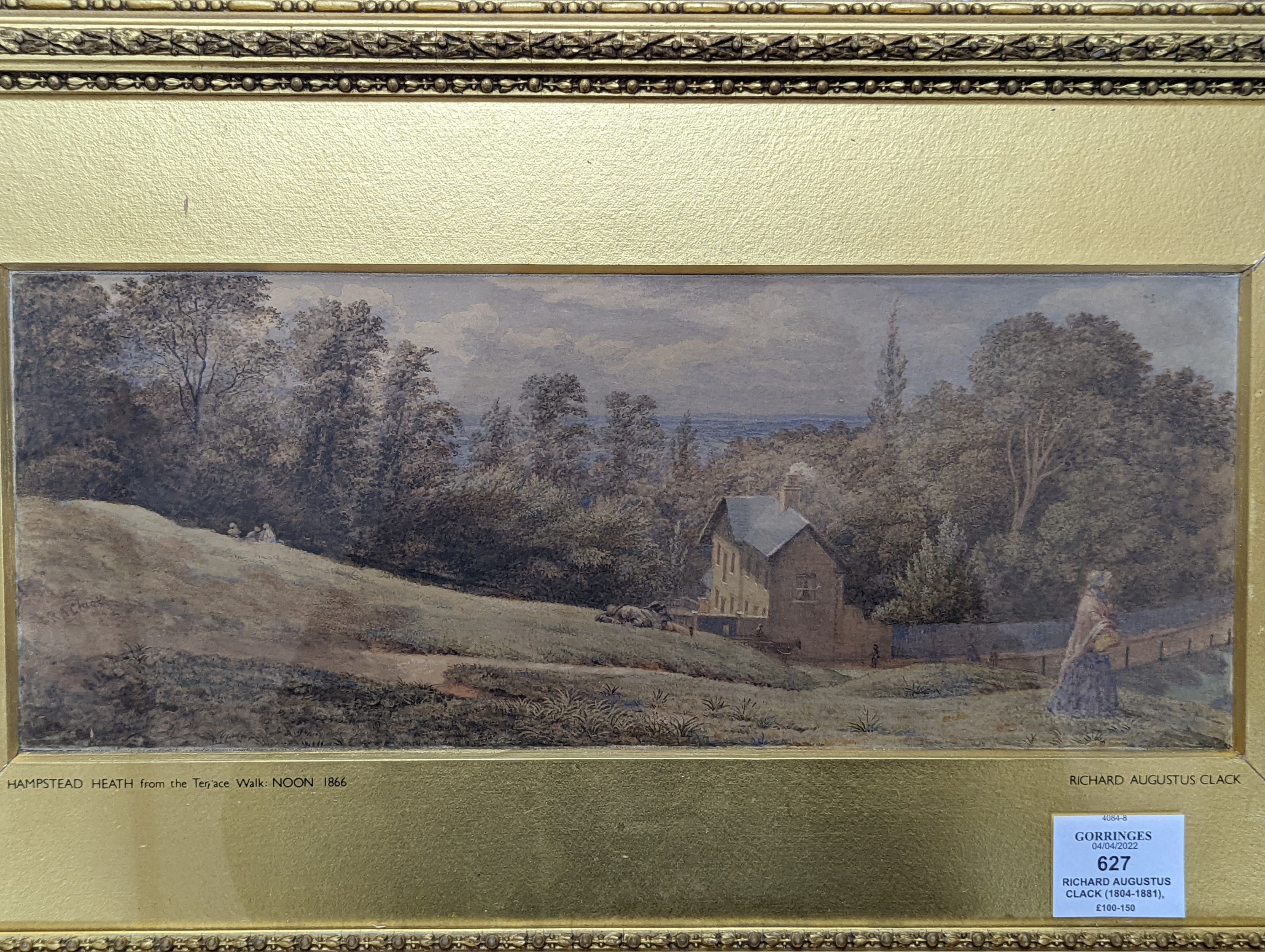 Richard Augustus Clack (1804-1881), watercolour, 'Hampstead Heath from Terrace Walk, Noon 1866', inscribed verso, 15 x 37cm